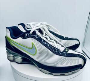 Nike Shox Womens 8.5 White Navy Volt Running Shoes Sneakers Athletic